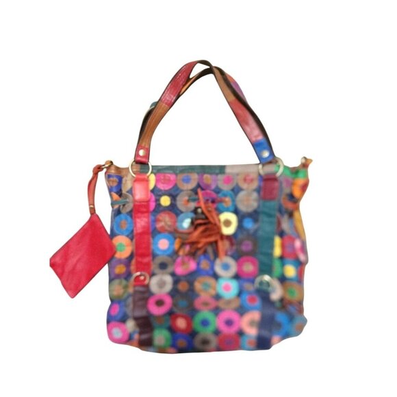 Ameri Leather Multi-Colored Leather Patchwork Tote Bag With Red Accent Pouch & T - Picture 2 of 9